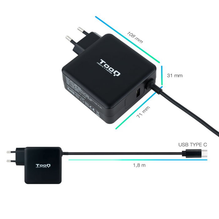 TooQ Cargador Portátil TQLC-USBC65PD USB-C 65W PD 3.0 Automático 5-20V, 1 Puerto USB-A 5V/2.4A, Cable 1.8m, Compatible Mac, Negro